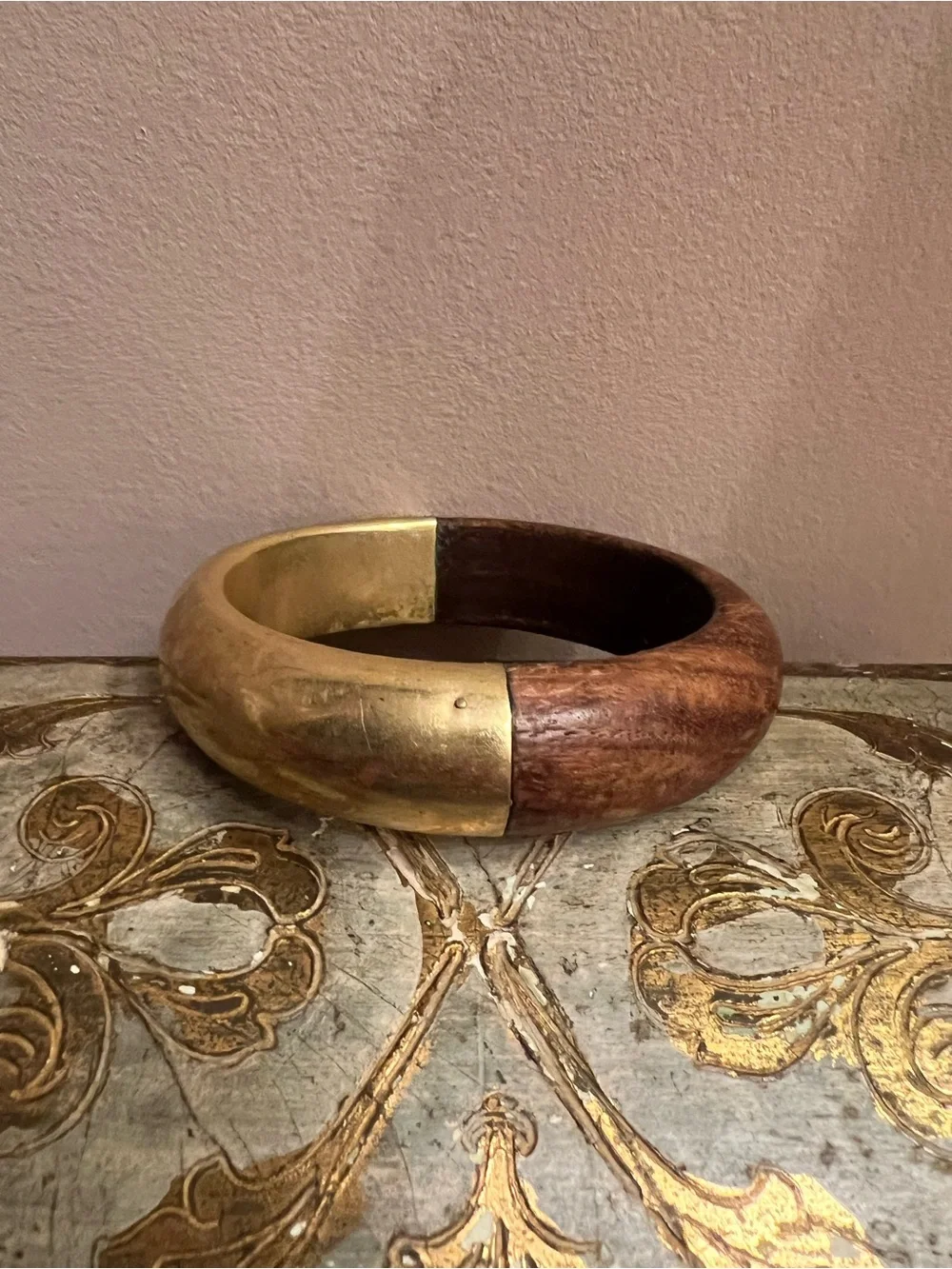 Vintage Chunky Two-Tone Wood and Brass Bangle